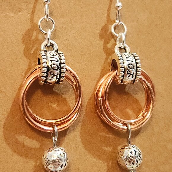 Artisan Crafted Bright Silver and Copper & Silver Spiral Chain Maile Earrings - Picture 8 of 10